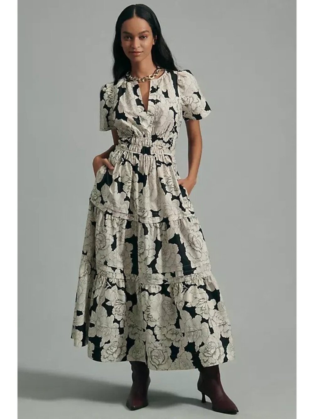 NWT Anthropologie Somerset Maxi in Light Sand Black White Floral Cotton Dress XL